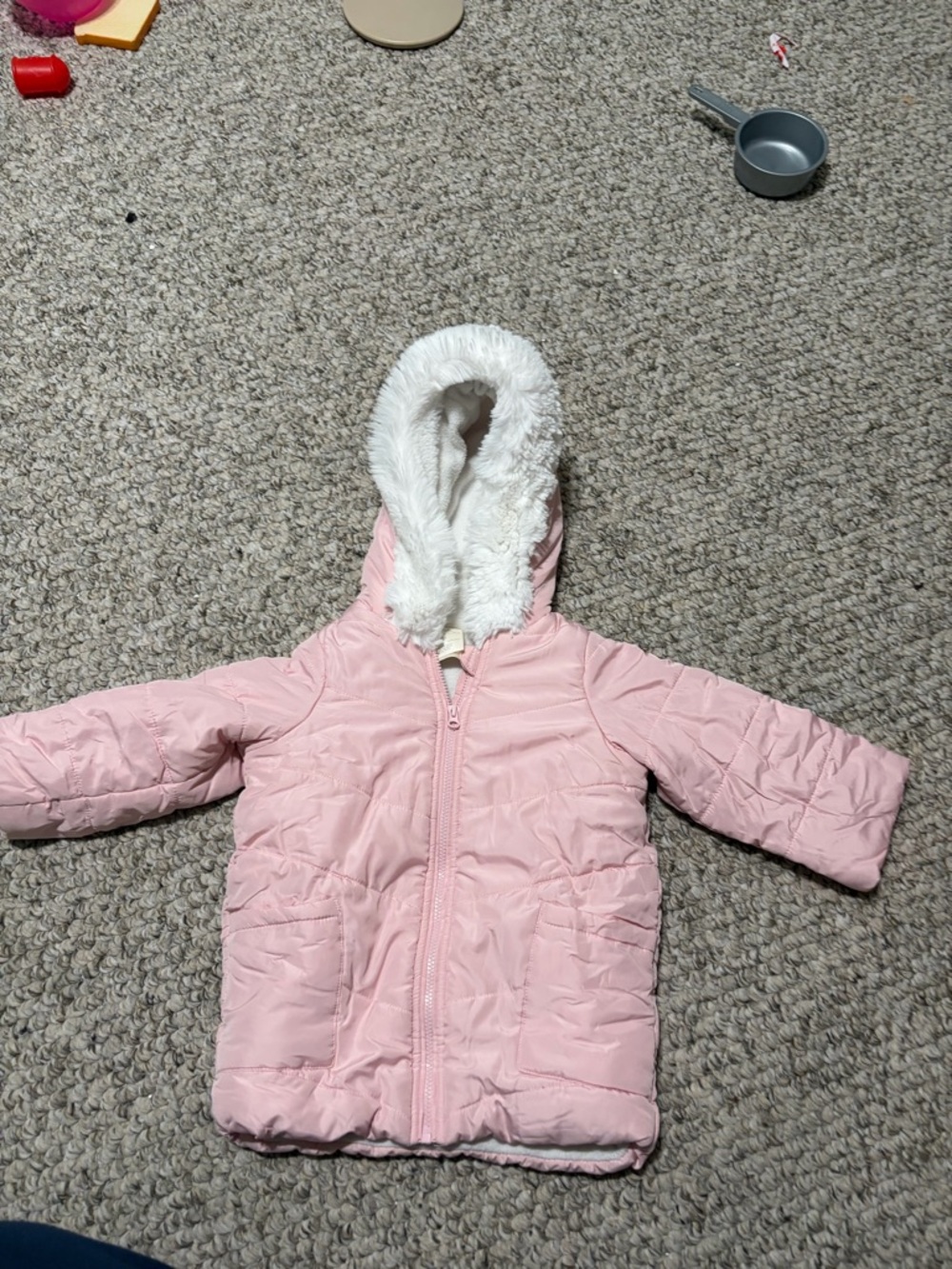 Soft Pink Hooded Puffer Jacket with Faux Fur Trim